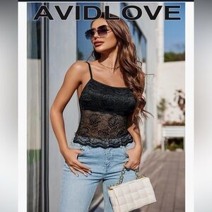 Avidlove Tank Top Lace Crop Butterfly Bustier Adjustable Spaghetti Straps Black
